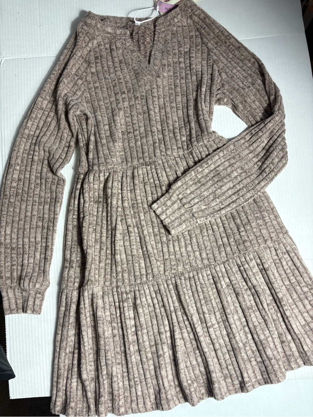 Ribbed V-Neck Tiered Knit Dress - Taupe